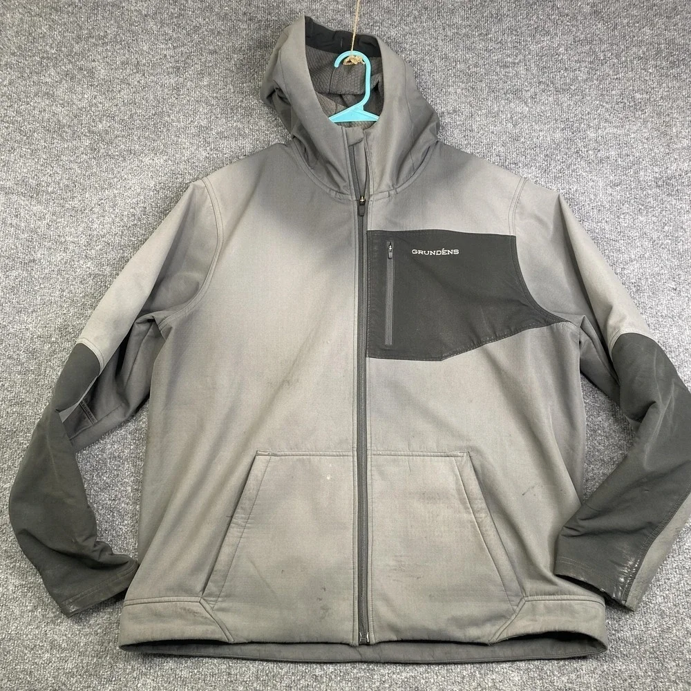 Grundens Jacket Mens XL Gray Hooded Softshell Fleece Lined Full Zip Workwear